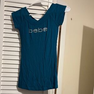 bebe Teal Short Sleeve Logo Tee with Rhinestone Embellishment